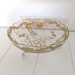 Vintage Glass Ruffled Edge Bowl with Raised Gold Inlay Design - Footed